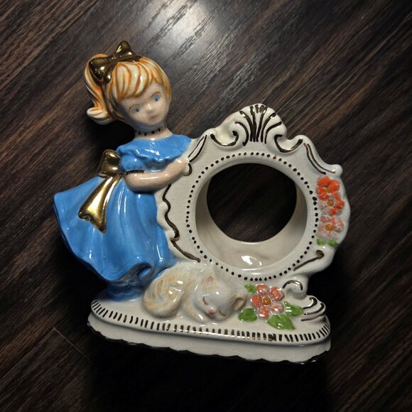 Vintage West German KENTOCK Hand-Painted Porcelain Clock Case Girl & Kitten - Picture 3 of 6